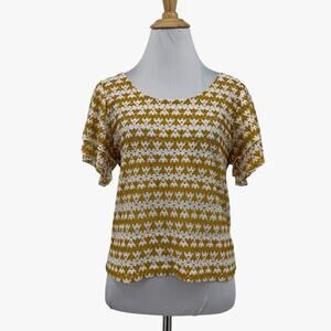 Ellison Top Womens M Medium Pecan White Open Crochet Layered Short Sleeve Crop